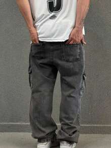 Plus Size Cargo Jeans, Black, Stonewashed, Spring/Summer, Autumn/Winter, Loose Fit, Drawstring - Grey - View 9