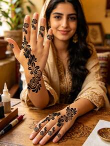 4pcs Symmetrical Floral Henna Tattoo Stencils, Hollow Floral Hand-Drawn Stickers, DIY Henna Paste Templates, Exotic Style Temporary Tattoo Designs For Wedding Hands And Feet - Black - View 3