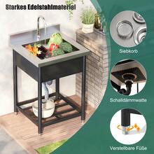 Freestanding Stainless Steel Sink For Outdoor Use, 60x60cm, With Tap And Drain, Including Shelf, Spacious Single-Basin Design, Suitable For Kitchen, Garden, Workshop And Commercial Use - 黑色 - 查看 5