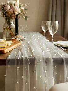 قطعة واحدة من مفرش الطاولة اللؤلؤي - قماش الشيفون الشفاف، مفرش طاولة مزين بالشيفون اللؤلؤي، شبكة لؤلؤية لطاولة الكيك والحلويات، مفرش طاولة بلون موحد، قماش خلفية جميل، مناسب للزفاف وحفلة العروس - متعدد الألوان - مشاهدة 8