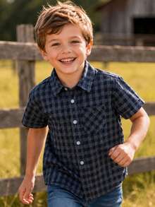 Young Boy Casual Plaid Short Sleeve Shirt - Dark Grey - View 3