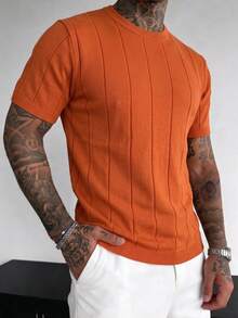 Men's Spring/Summer Ribbed Crew Neck Lightweight Loose Fit Knit Short Sleeve T-Shirt - Orange - View 3