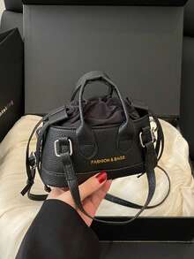 Fashion Solid Color PU Drawstring Mini Handbag With Metallic Color, Crossbody Small Shell Women's Bag - Black - View 8