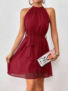 Sleeveless Solid-Color Halter Dress, Fashionable For Summer - 紅色 - 查看 5