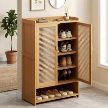 Wooden Shoe Rack With 2 Doors And 7 Shelves, Bamboo And Rattan Shoe Organizer For Hallway, Compact Shoe Rack For Small Spaces (60x32x93 Cm) - Black - View 6