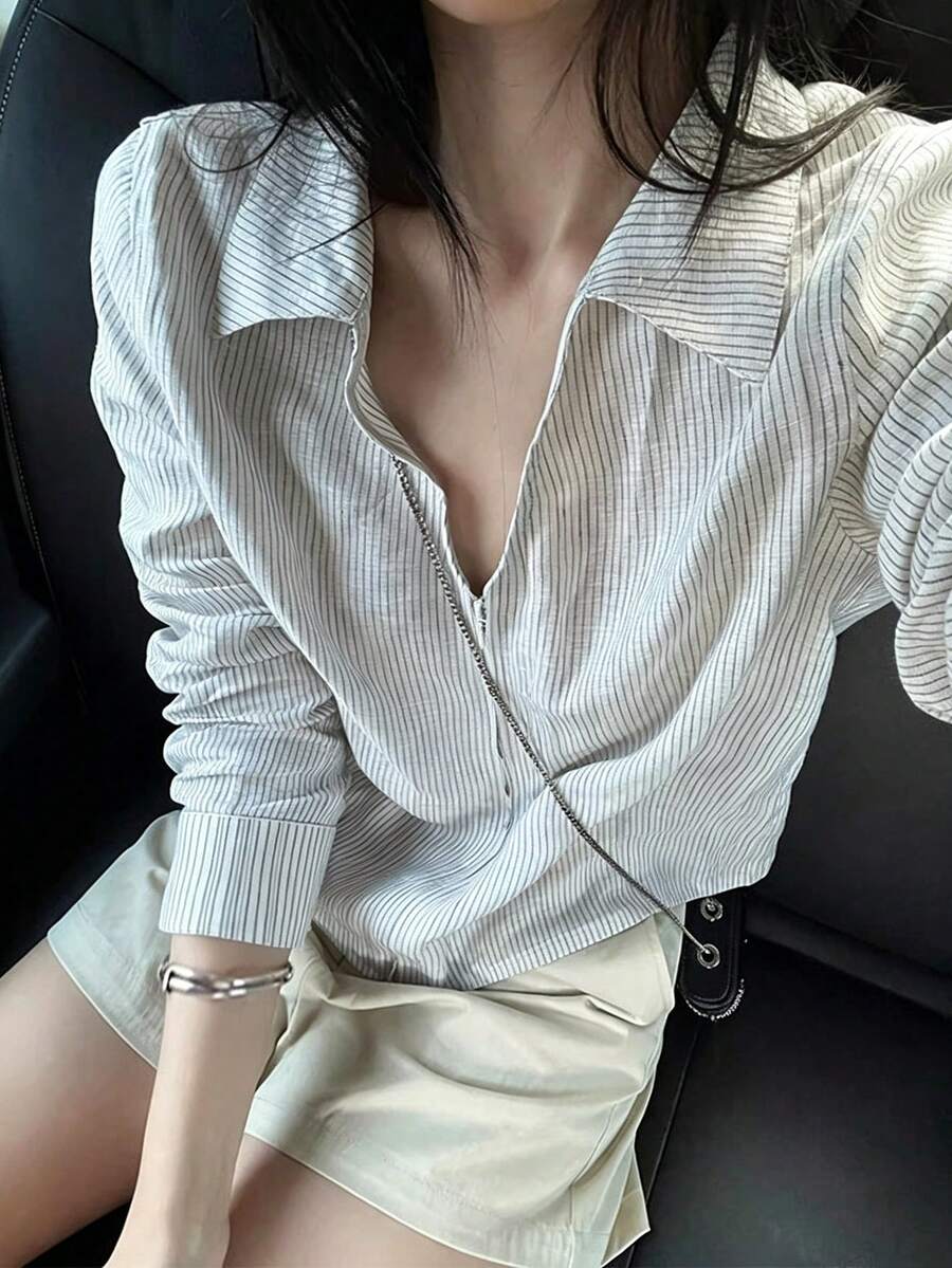 Korean Style Striped Collared Sun Protection Long Sleeve Shirt Tops For Women, Versatile Summer Blouse (Random Stripes) - Stripe - View 1