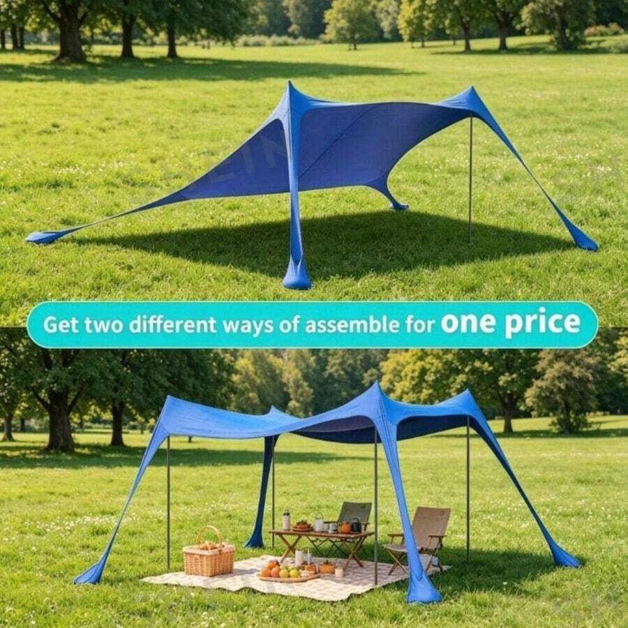 1 pieza Carpa de sombra de lycra para exteriores, refugio solar portátil, adecuada para césped, playa, camping y pesca - Azul - Ver 1