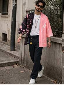 Men's Kimono Style Cardigan Shirt Sun Protection Top, Versatile Graffiti Print - Pink - View 4
