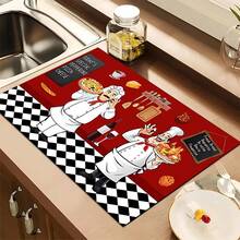 1pc Home Decor Chef Pattern Printed Dish Drying Mat, Espresso Machine Countertop Absorbent Mat, Sink Drainage Mat, Kitchen & Bathroom Supplies - Multicolor - View 8