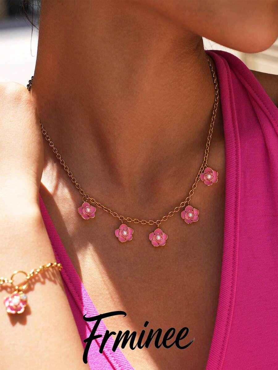 Frminee 1pc 18K Gold Plated Stainless Steel Rose Pendant Necklace For Women, Women's Jewelry Accessory, Suitable For Daily Wear And Vacation - Multicolor - View 1
