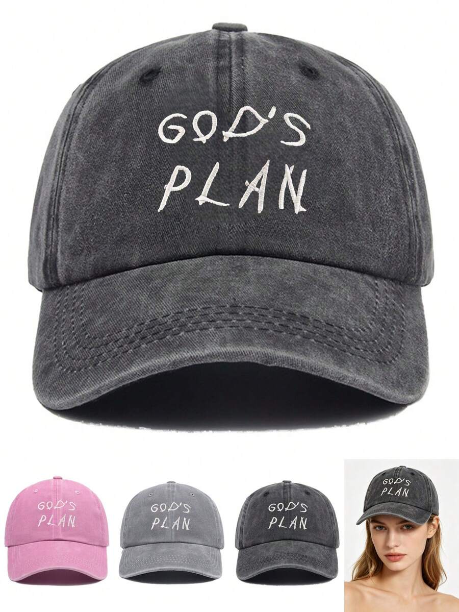 1件復古水洗棒球帽 GOD'S PLAN 字母印花 可調節 透氣柔軟 彎帽簷 防曬帽 中性運動休閒戶外風 - 上帝的計劃 - 查看 1