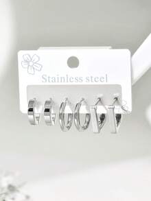 Set de 6 pendientes de aro de acero inoxidable minimalistas y lisos, aptos para uso diario - Multicolor C - Ver 10