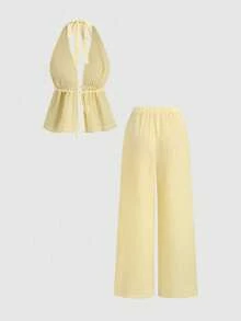 Conjunto de top halter con espalda descubierta y pantalones rectos de pierna ancha con textura y rayas, adecuado para primavera y verano, ide - Morado - Ver 3