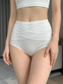 DAZY 1pc Women's High-Waisted Floral Lace Patchwork Criss-Cross Soft Stretchy Breathable Moisture-Wicking Panties, Size S-XXL - White - View 8