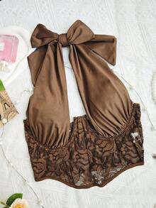 Brown Patchwork Floral Lace Bustier Crop Top - Y2K Style Urban Streetwear OOTD - Brown - View 10