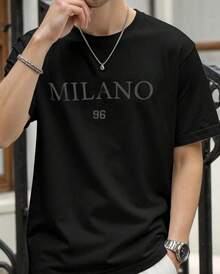 NEOREFINED Camiseta casual de cuello redondo de manga corta con estampado de letras para hombre - Negro - Ver 1