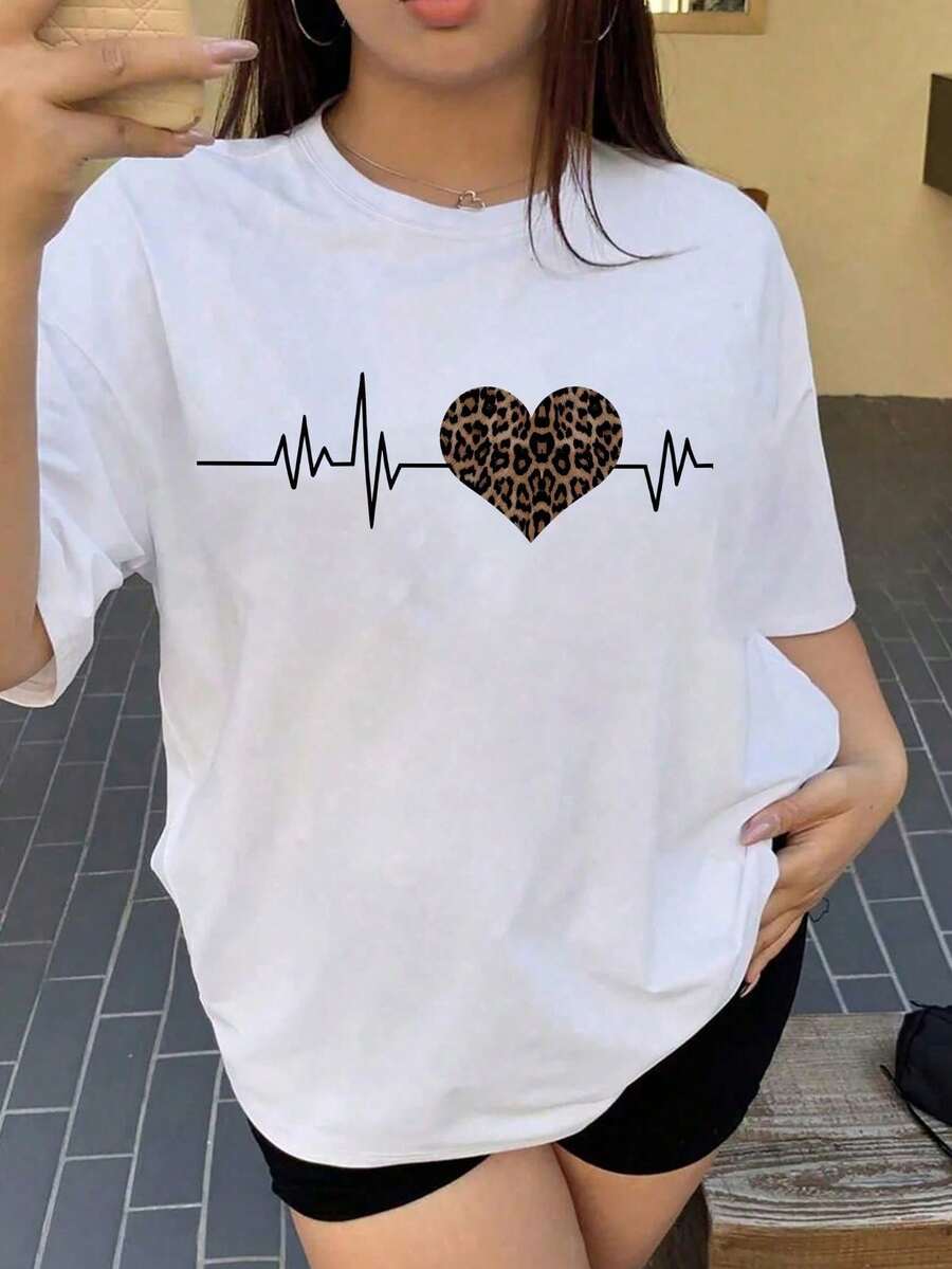 Women's Black T-Shirt With Leopard Heart Graphic And Heartbeat, Aesthetic Style T-Shirt With Electrocardiogram Line Short Sleeve, Casual Urban Fashion Blouse - 白色 - 查看 1