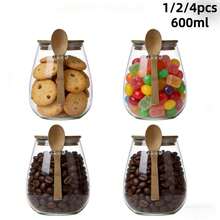 1/2/4PCS 600ML-Glass Spice Jars Set With Bamboo Lids & Spoons, Airtight Glass Storage Containers For Coffee Beans, Sugar, Candy, Tea, Kitchen Food Organizer - Clear - View 1