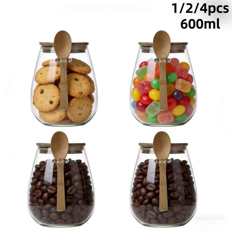 1/2/4PCS 600ML-Glass Spice Jars Set With Bamboo Lids & Spoons, Airtight Glass Storage Containers For Coffee Beans, Sugar, Candy, Tea, Kitchen Food Organizer - Clear - View 1