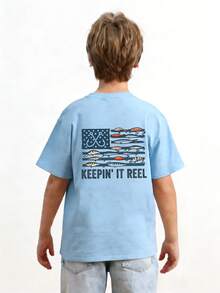 Camiseta de manga corta con cuello redondo y estampado divertido casual para niño preadolescente, top de verano - Celeste - Ver 4