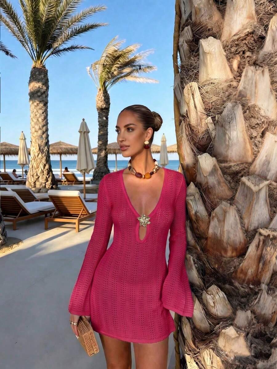 Women's Summer Knit Mini Skirt, Short Skirt With Tie Waist, Deep V-Neck And Floral Decoration, Sexy Bohemian Dress For Vacation And Beach - 香檳色 - 查看 1