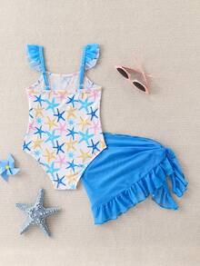 4-8 Years Girls Starfish Print Ruffle Strap One Piece Swimsuit With Cover Up Skirt 2 Piece Set For Pool Beach Hot Spring - Blue - View 2