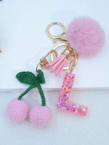 1pc Resin Starry Sky Epoxy English Letter Keychain With Tassel And Black Fur Ball Decoration, Heart Pendant Gift For Friend And Mom - Baby Pink - View 19