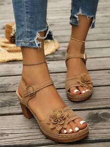 Sweet Pink Floral Chunky Heel Sandals, Ankle Strap Platform Heels, Height Increasing Dress Shoes For Daily Dating - Brown - View 2