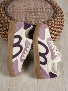 1 Pair Women's Multi-Function Spring/Autumn New Fashion Casual Shoes Flat Lace-Up Round Toe Rubber Sole Skate Shoes Black White Brown Leopard Khaki Colorblock Daily Wear Shoes Casual Shoes Size 36-42 Fashion Training Shoes All Season Wear - Purple - View 2