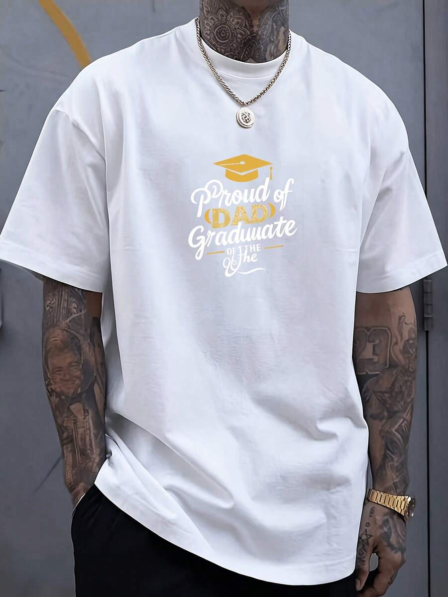 Funny Graduation Cap Print T-Shirt For Proud Graduating Dad, Comfortable Style A - 白色 - 查看 1