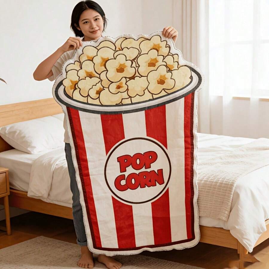趣味爆米花造型毯,柔軟羊毛填充,時尚食物主題爆米花圖案設計,適合四季使用,特別適用於沙發裝飾、床上用品與露營用品,低過敏幾何圖案,可機洗,完美適合 - 多色 - 查看 1