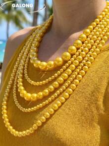 Collar de perlas de varias capas hecho a mano, exquisito y versátil para banquetes - Amarillo - Ver 4