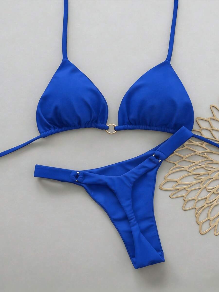 Women's Summer Beach Solid Color Halter Tie Sexy Bikini And Triangle Panty Swimwear Set Vacation - Blue - View 1