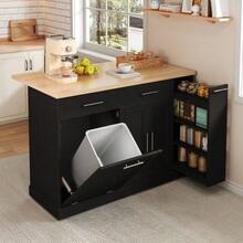 Kitchen Island On Wheels With Fold-Down Worktop, Serving Cart With Bin, 4-Tier Spice Rack, 2 Drawers And Lockable Casters, 120 * 45 (70) * 93 Cm - 黑色 - 查看 2