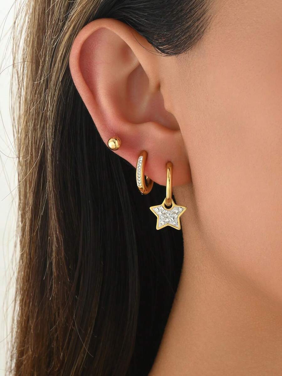 6件組歐美復古時尚不鏽鋼微鑲水鑽圓環耳環,附星星與蝴蝶吊墜,女款耳環套組,適合日常配戴 - 多色D - 查看 1