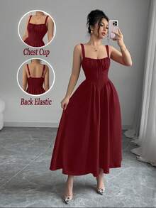 Vestido largo rojo liso de verano 2025 para el Día de San Valentín o vacaciones, con volantes en el frente, lazo, escote asimétrico y cintura estilizada para mujer - Burdeos - Ver 12