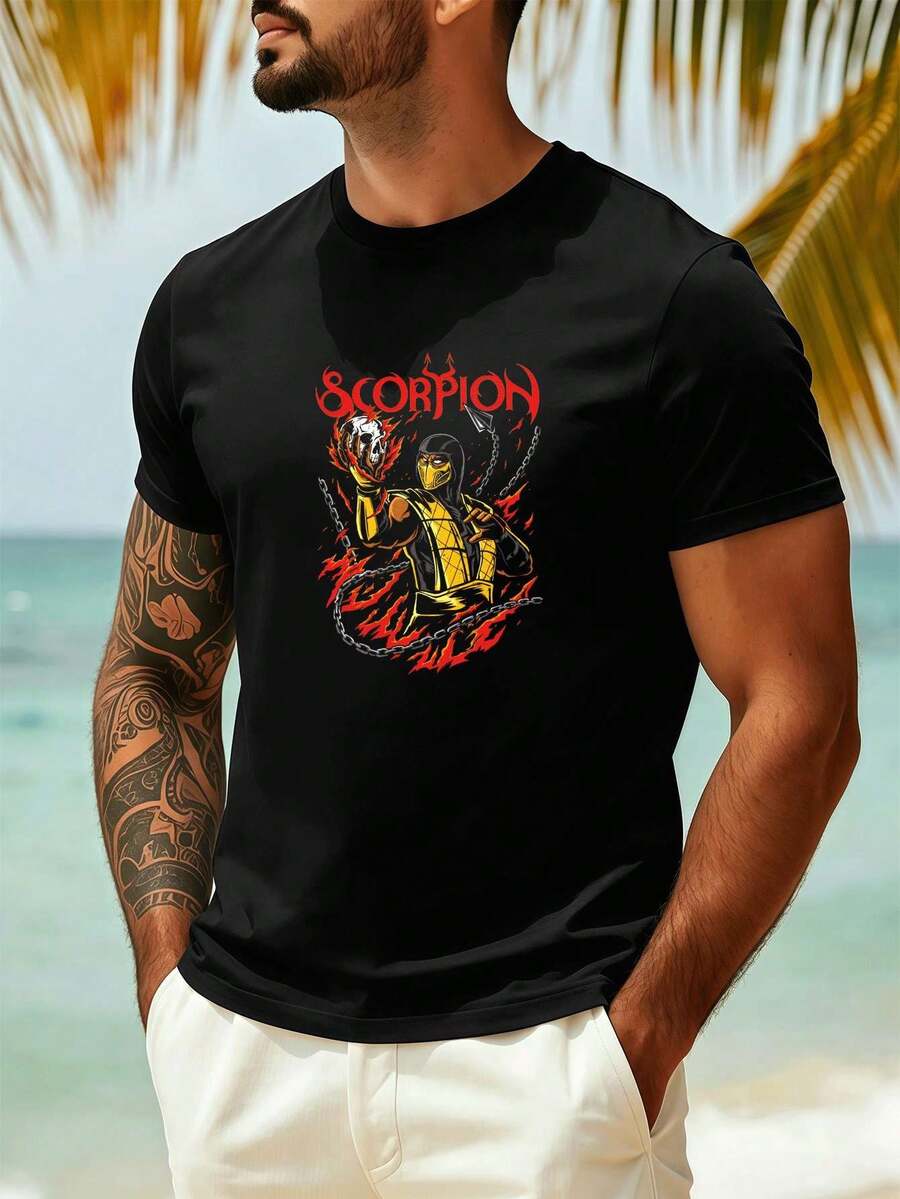 Herren-T-Shirt Mit Skorpion-Flammenprint, Herbst, Weiche Baumwolle, Bequeme Passform, Atmungsaktiv, L?Ssig, Auff?Lliger Print - Black - View 1