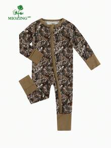MIOZING Camouflage Print Baby Romper, Brown Trim Bamboo Zipper Jumpsuit, Long Sleeve Outfit, Autumn Winter Daily Wear&Photo Outfit For Baby Boys/Girls - 棕色 - 查看 2