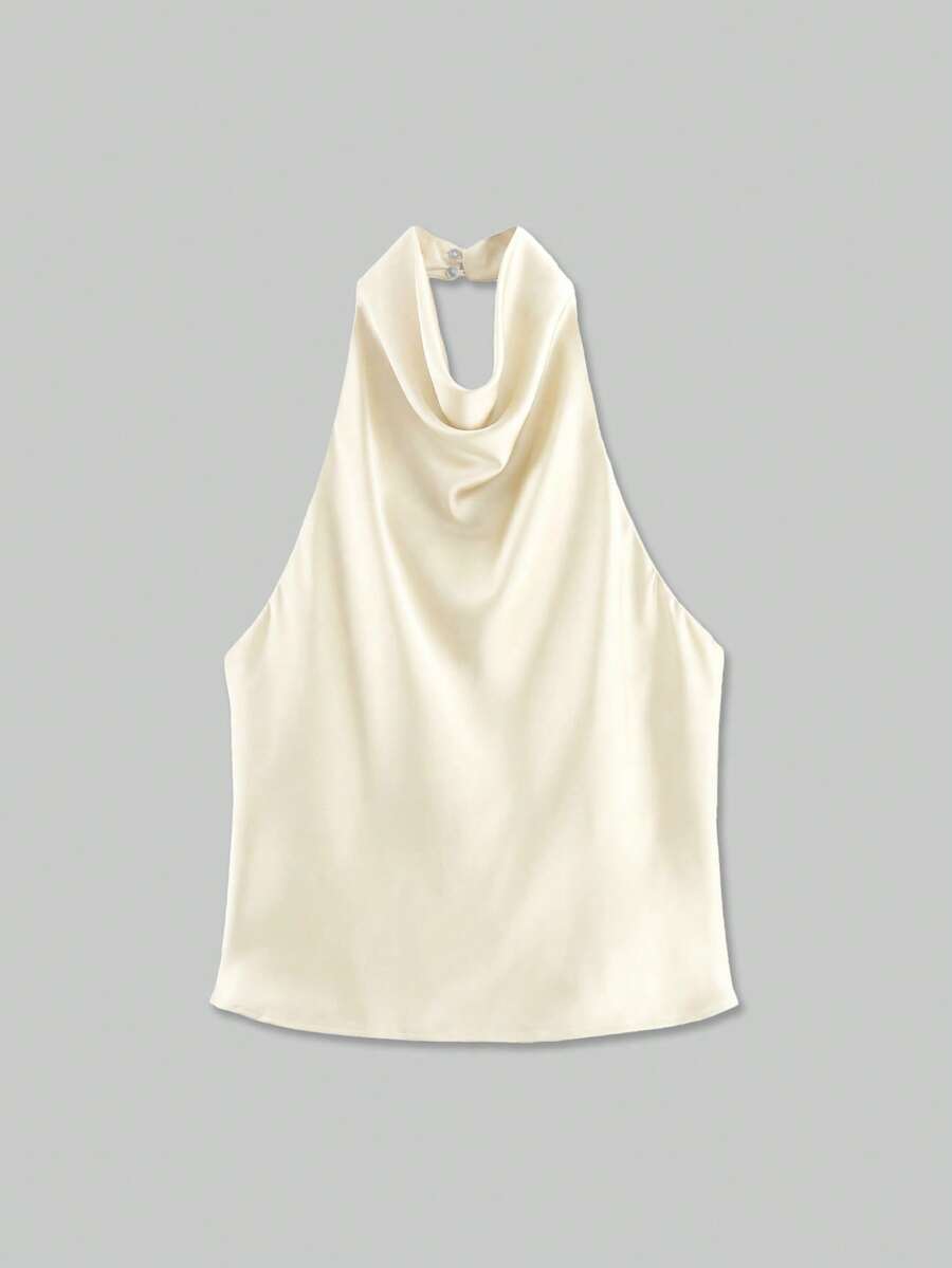 YROOE Women's Spring/Summer Minimalist Versatile Satin Draped Neck Draped Collar Top - Apricot - View 1