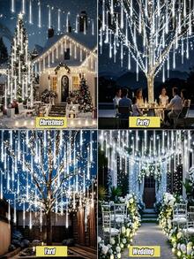 Luci a pioggia di meteore a LED alimentate a energia solare 30/45cm - 8 tubi, 192/288 LED, luci fatate impermeabili IP65, luci da appendere in plastica per esterni, adatte per giardino, cortile, villa, tetto, balcone, matrimonio, festa, albero, grondaie, Natale, Ognissanti, decorazioni per le vacanze - Luci solari da giardino - Visualizzare 8