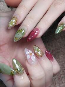 24 piezas de uñas postizas de forma de almendra mediana, uñas postizas con diseño de libélula estilo bosque, flores 3D y degradado dorado, set de uñas postizas desmontables de cobertura completa, adecuadas para fiestas, bailes de graduación y uso diario - Multicolor - Ver 1