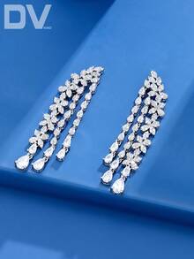 DV JEWELRY 1對女士奢華立方鋯石白金電鍍吊墜耳環，優雅珠寶禮物，適合約會、婚禮、派對、週年紀念，附禮盒包裝 - 銀色 - 查看 2