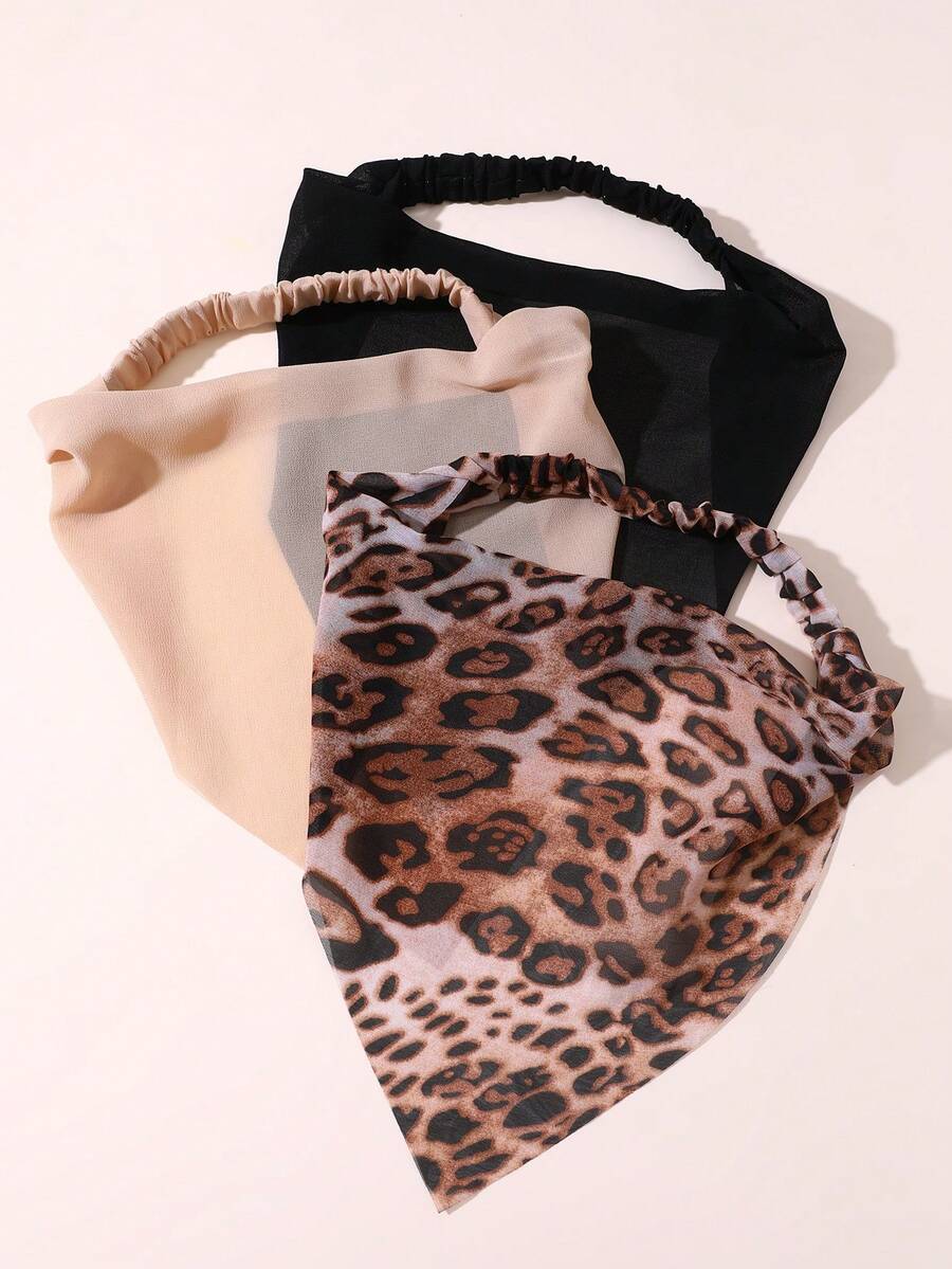 3pcs/Set Girls Leopard Print Floral Triangle Bandana Headband Set Suitable For Daily Decoration - Multicolor - View 1