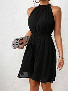 Sleeveless Solid-Color Halter Dress, Fashionable For Summer - Black - View 5