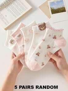 5 Pairs Pink Cute Bear And Bow Pattern Women's Short Socks, Non-Slip Comfortable Breathable, Suitable For Spring And Summer, Suitable For Sports And Casual Wear - Pink - View 8