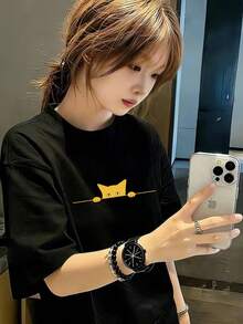 新款夏季 Y2K 女款貓咪印花圖案百搭休閒圓領短袖 T 恤 黑色 - 黑色 - 查看 2