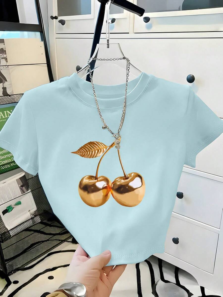 Shiny Cherry Fruit Graphic Baby Tee Women Retro Y2K Slim Cropped Casual Top,Women's T-Shirts, Cropped T-Shirts, Crop Tops - Blue - View 1