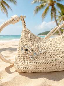 1 pieza Encanto de bolsa bohemio hecho a mano de seda con concha, estrella de mar, tortuga, ballena, concha de caracol y concha rota con strass, adecuado para decoración de bolsa de paja estilo vacaciones, bolsa tote - Beis - Ver 2