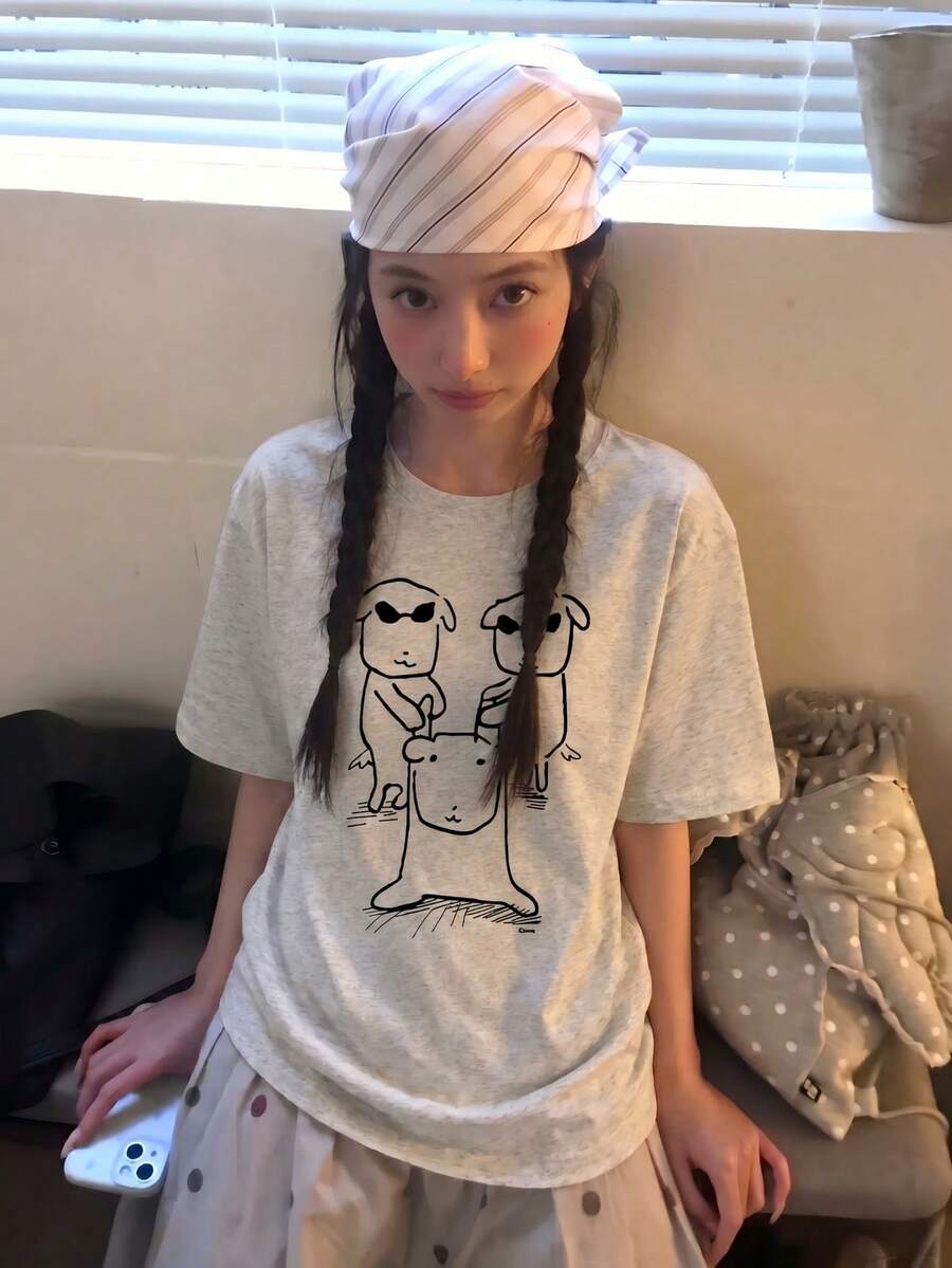 Y2K風格韓系寬鬆印花T恤,可愛熊卡通印花落肩女款白色短袖休閒原宿風T恤 - 淺花灰 - 查看 1