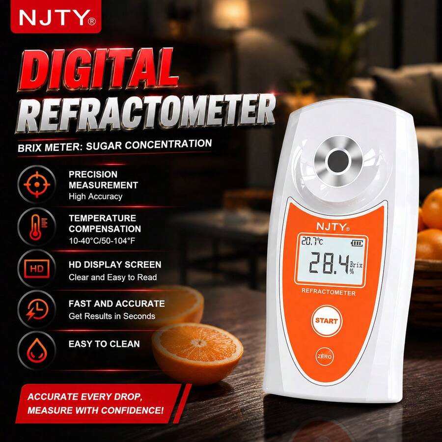 NJTY Digital Refractometer Brix Meter, Portable Digital Sugar Refractometer With HD LCD Screen, Auto Temperature Compensation, Fast 3s Measuring Sugar Tester For Fruit, Juice, Beverage, Vegetables, Home And Industry Use